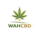 WAHCBD logo featuring a green hemp leaf above a gold oil drop and bold text in green and gold